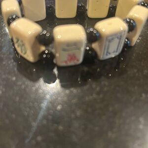 Vintage Mahjong Tile Stretch Bracelet with Black Beads